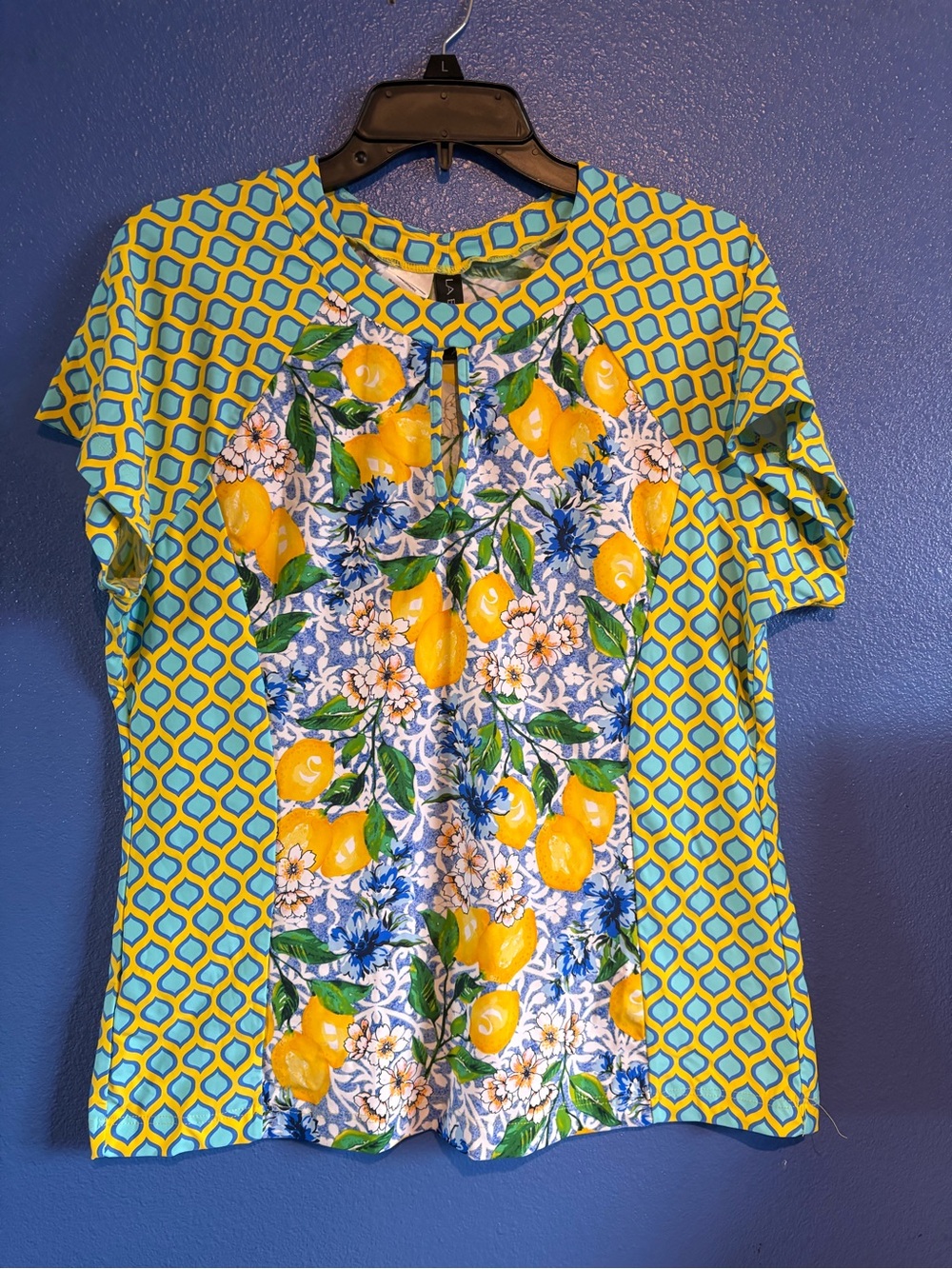 La Blanca Yellow and Blue Floral Geometric Top